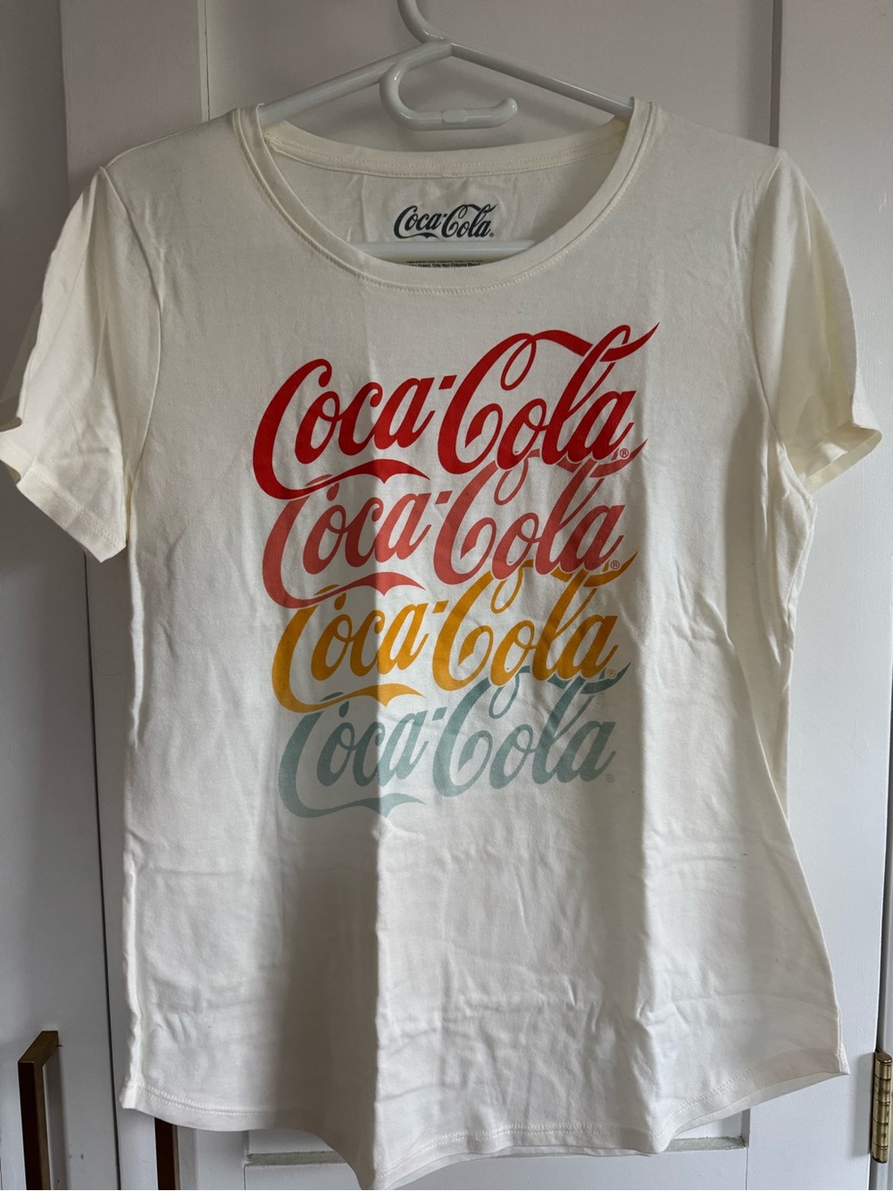 Coca Cola Women's Multicolor Script Logo Tee - Cream/Red/Yellow/Teal